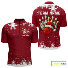 Load image into Gallery viewer, Red Christmas Bowling snowflake Men's Bowling Polo, Quarter Zip shirts Custom Xmas Bowling Outfits NQS10949