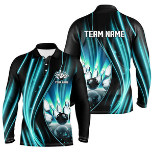 Cyan Blue and Black Light Men Polo, Quarter Zip Shirts Custom bowling team jerseys, gift for bowlers NQS9037