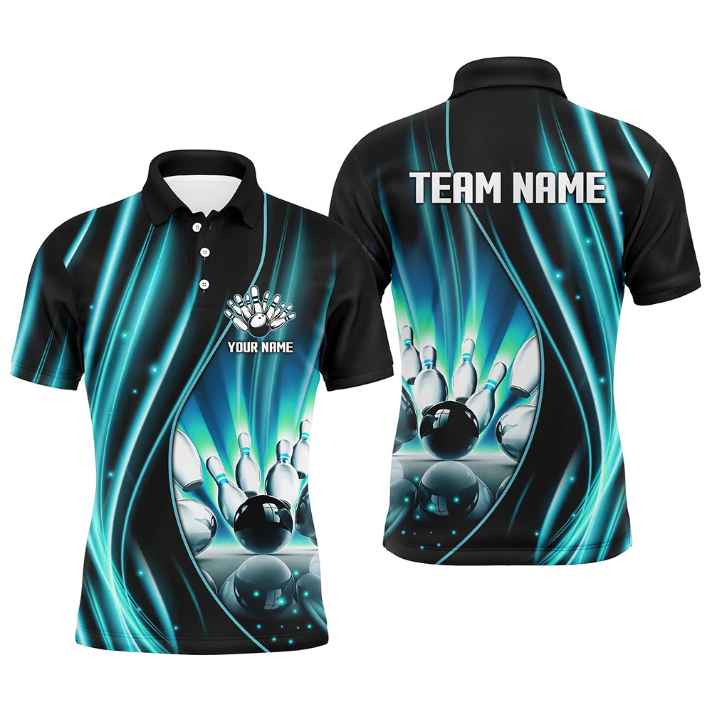 Cyan Blue and Black Light Men Polo, Quarter Zip Shirts Custom bowling team jerseys, gift for bowlers NQS9037