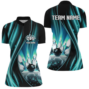 Cyan Blue and Black Light Women Polo, Quarter Zip Shirts Custom bowling team jerseys, gift for bowlers NQS9037