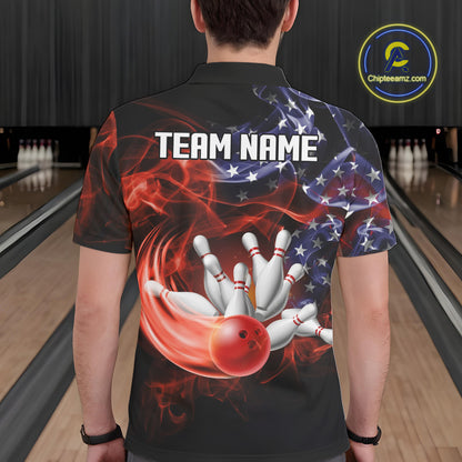 Personalized US Flag Smoke Bowling Shirts For Men Custom Patriotic Team Bowling Jerseys NQS11136