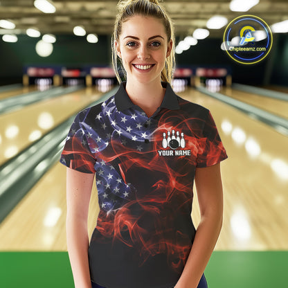 Personalized US Flag Smoke Bowling Shirts For Women Custom Patriotic Team Bowling Jerseys NQS11136