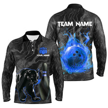 Load image into Gallery viewer, Black Camo Panther Blue Flame Bowling Polo, 1/4 Zip Shirts For Men Custom Bowling Team League Jersey NQS9443