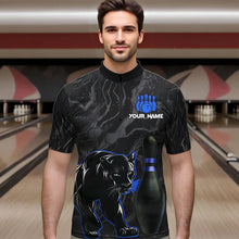 Load image into Gallery viewer, Black Camo Panther Blue Flame Bowling Polo, 1/4 Zip Shirts For Men Custom Bowling Team League Jersey NQS9443