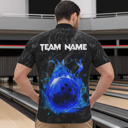 Black Camo Panther Blue Flame Bowling Polo, 1/4 Zip Shirts For Men Custom Bowling Team League Jersey NQS9443