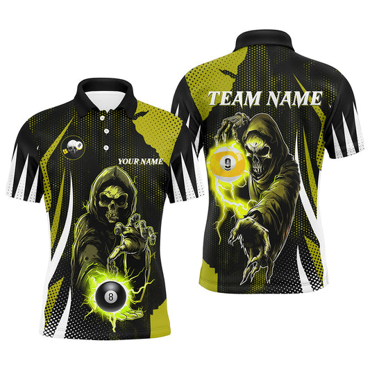 Funny Yellow Grim Reaper With Billiard 8 Ball & 9 Ball Men Polo Shirts Custom Billiard Team Jersey TDM1341