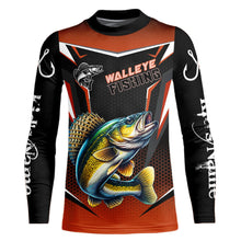 Load image into Gallery viewer, Black and Orange Walleye Long Sleeve Fishing Shirt, Personalized Walleye Fishing Tounament Jersey NQS9772