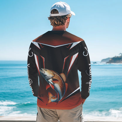 Black and Orange Redfish Long Sleeve Fishing Shirt, Personalized Red Drum Fishing Tounament Jersey NQS9774