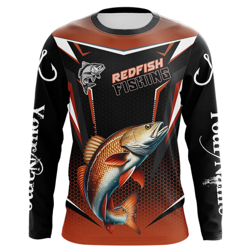 Black and Orange Redfish Long Sleeve Fishing Shirt, Personalized Red Drum Fishing Tounament Jersey NQS9774