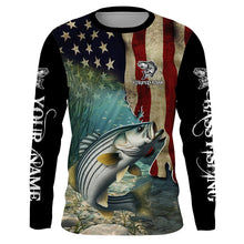 Load image into Gallery viewer, Striped Bass Striper Fishing American Flag Patriotic Custom Sun protection long sleeve fishing shirts NQS512