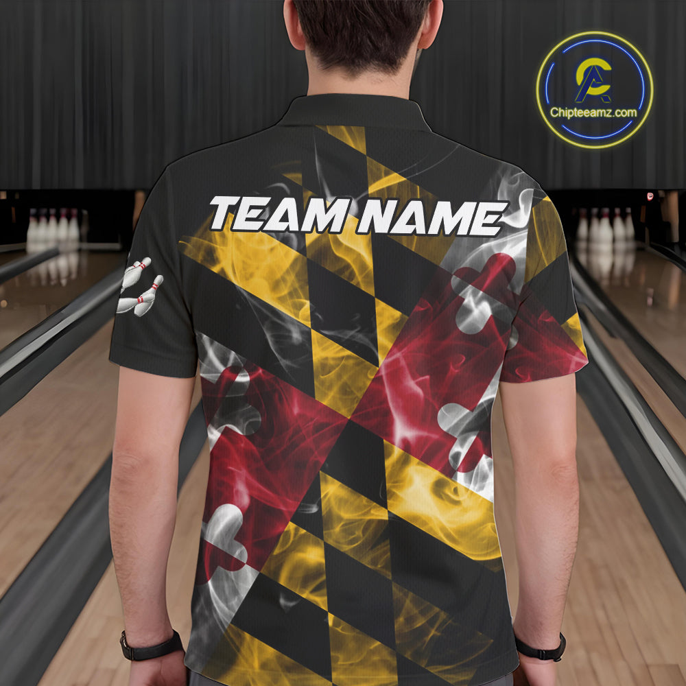 Smoke Maryland Flag Black Bowling Polo, 1/4 Zip shirt for men Custom patriotic Team bowling jersey NQS10322