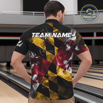 Smoke Maryland Flag Black Bowling Polo, 1/4 Zip shirt for men Custom patriotic Team bowling jersey NQS10322