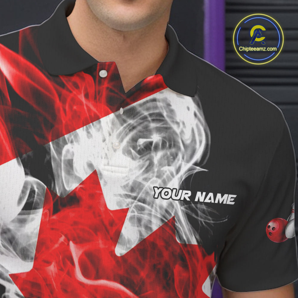 Smoke Canadian Flag Black Bowling Polo, 1/4 Zip shirt for men Custom patriotic Team bowling jersey NQS10323