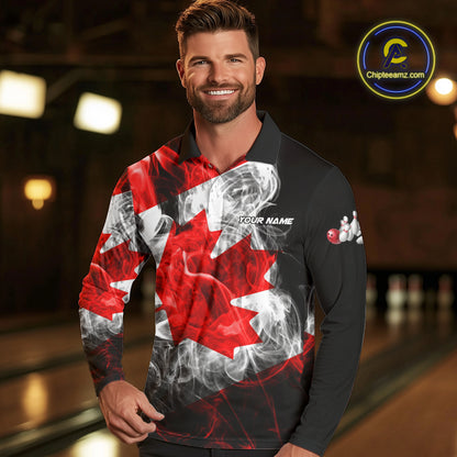 Smoke Canadian Flag Black Bowling Polo, 1/4 Zip shirt for men Custom patriotic Team bowling jersey NQS10323