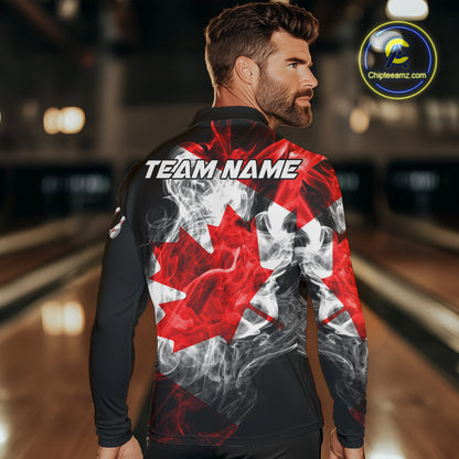 Smoke Canadian Flag Black Bowling Polo, 1/4 Zip shirt for men Custom patriotic Team bowling jersey NQS10323