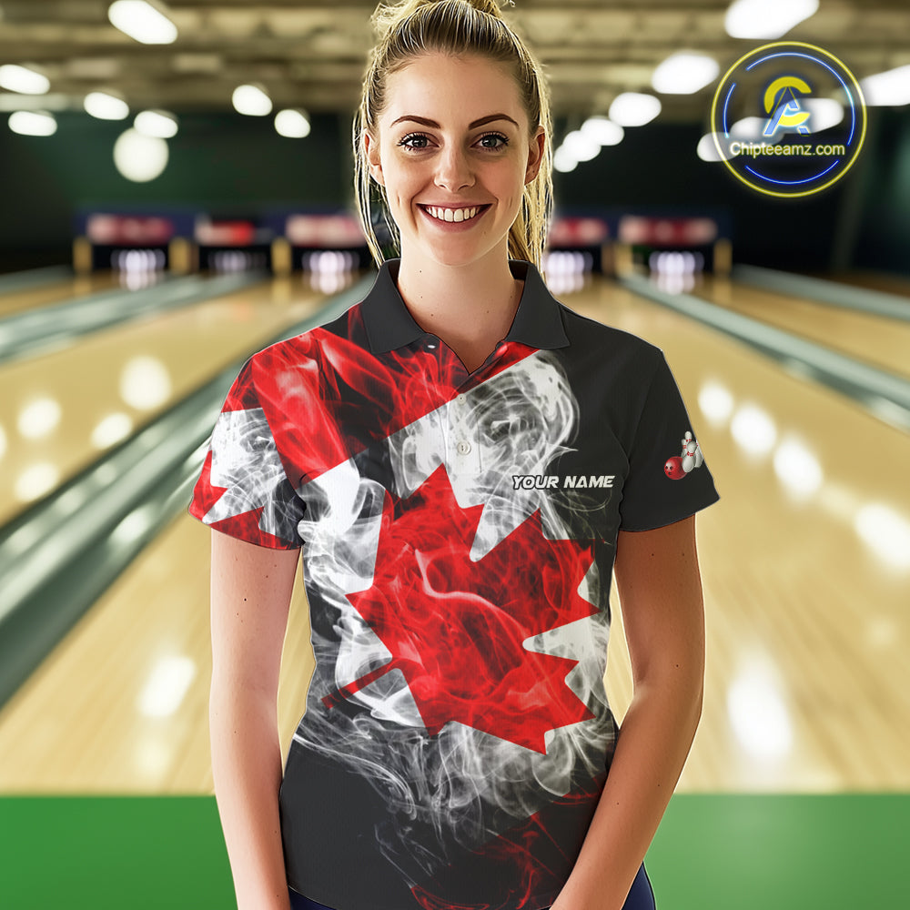 Smoke Canadian Flag Black Bowling Polo, 1/4 Zip shirt for Women Custom patriotic Team bowling jersey NQS10323