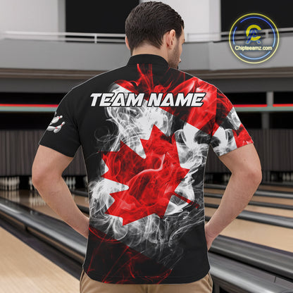 Smoke Canadian Flag Black Bowling Polo, 1/4 Zip shirt for men Custom patriotic Team bowling jersey NQS10323