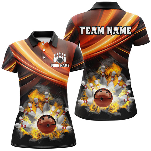 Personalized Black and Orange Smoke Flame Bowling Polo, 1/4 Zip Shirts For Women, cool bowling jerseys NQS8359
