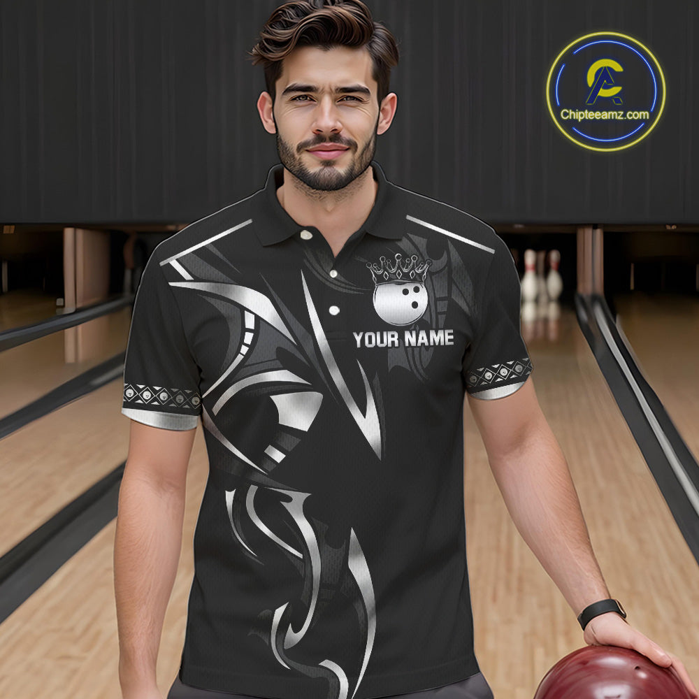 Black and Silver crown Bowling ball Polo, Quarter Zip Shirts for Men Custom Bowling Team jerseys NQS10537