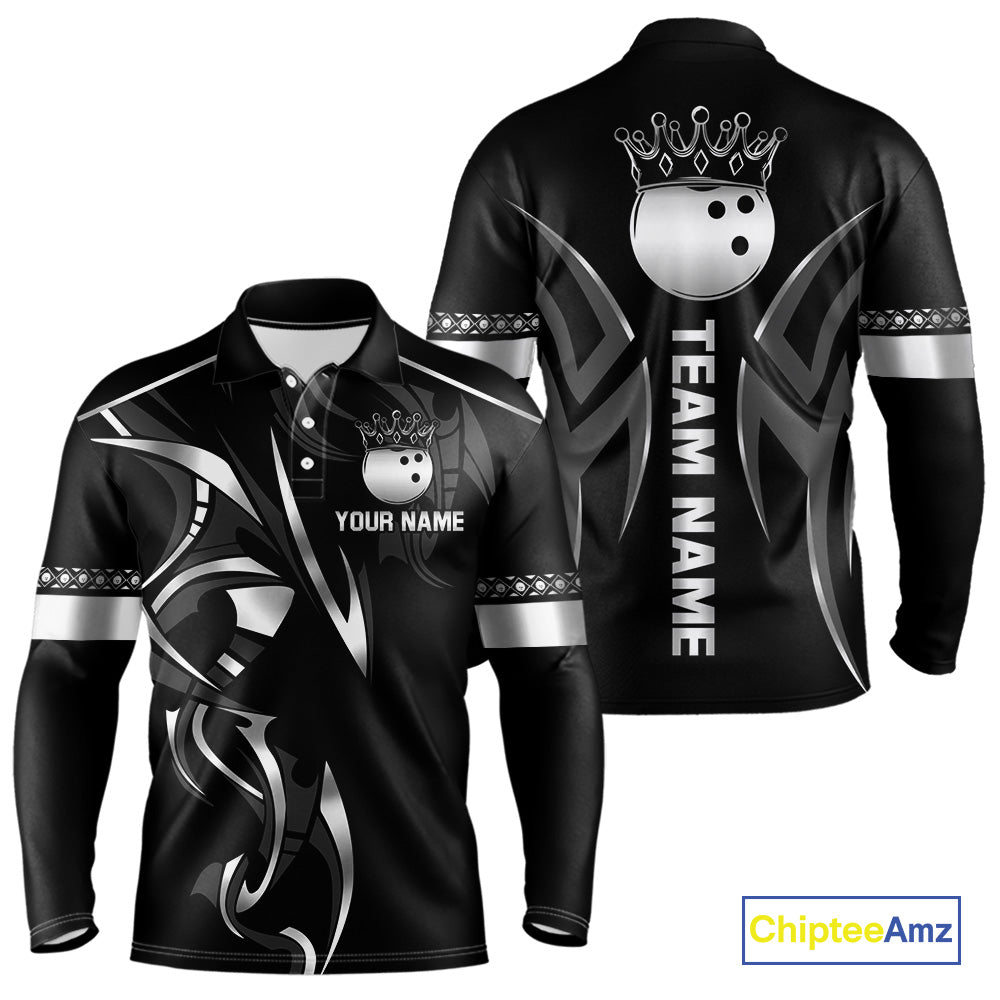 Black and Silver crown Bowling ball Polo, Quarter Zip Shirts for Men Custom Bowling Team jerseys NQS10537