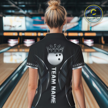 Black and Silver crown Bowling ball Polo, Quarter Zip Shirts for Women Custom Bowling Team jerseys NQS10537