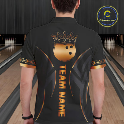 Black and Orange crown Bowling ball Polo, Quarter Zip Shirts for Men Custom Bowling Team jerseys NQS10538