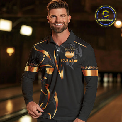 Black and Orange crown Bowling ball Polo, Quarter Zip Shirts for Men Custom Bowling Team jerseys NQS10538
