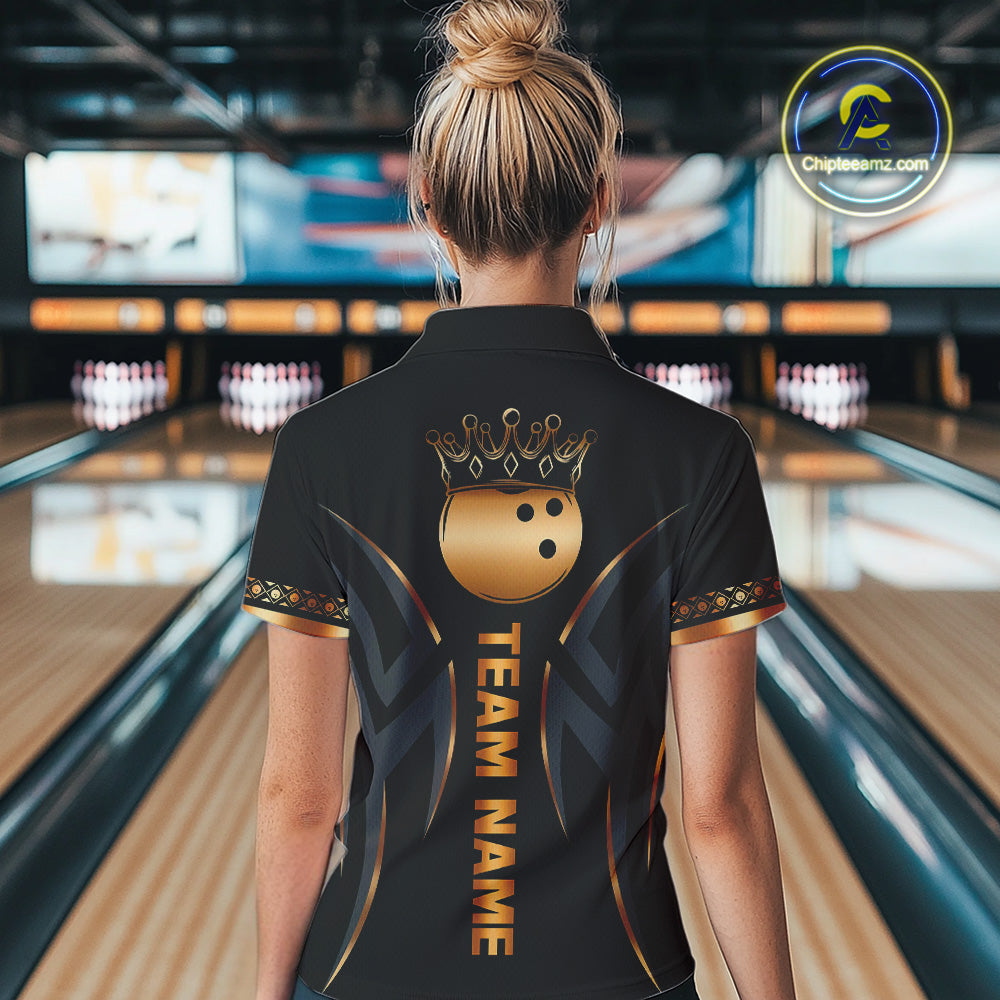 Black and Orange crown Bowling ball Polo, Quarter Zip Shirts for Women Custom Bowling Team jerseys NQS10538
