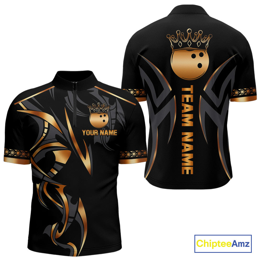 Black and Orange crown Bowling ball Polo, Quarter Zip Shirts for Men Custom Bowling Team jerseys NQS10538