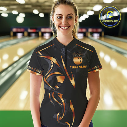 Black and Orange crown Bowling ball Polo, Quarter Zip Shirts for Women Custom Bowling Team jerseys NQS10538