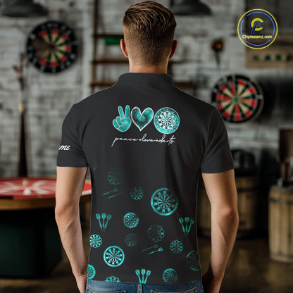 Personalized Turquoise Black Camo Darts Shirts For Men Custom Peace Love Darts Team Jerseys NQS10542