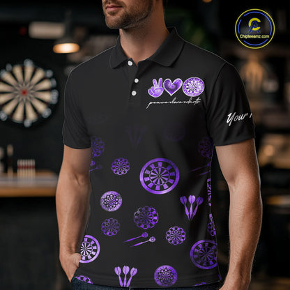 Personalized Purple and Black Camo Darts Shirts For Men Custom Peace Love Darts Team Jerseys NQS10543