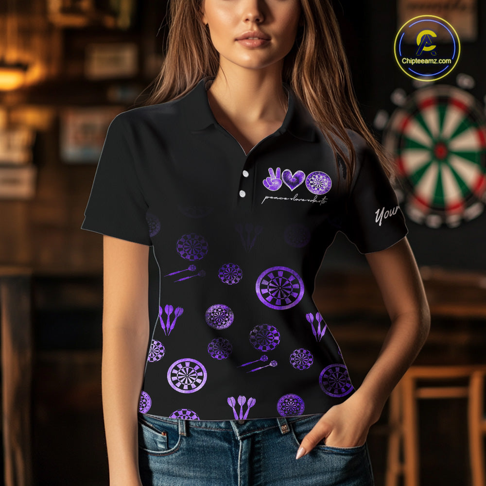 Personalized Purple and Black Camo Darts Shirts For Women Custom Peace Love Darts Team Jerseys NQS10543