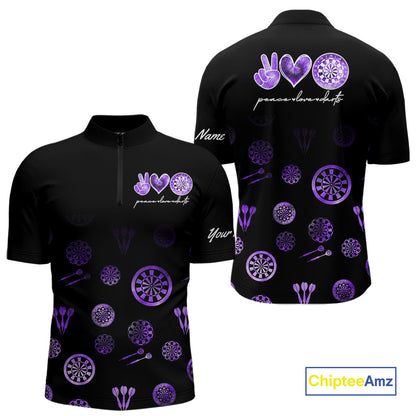 Personalized Purple and Black Camo Darts Shirts For Men Custom Peace Love Darts Team Jerseys NQS10543