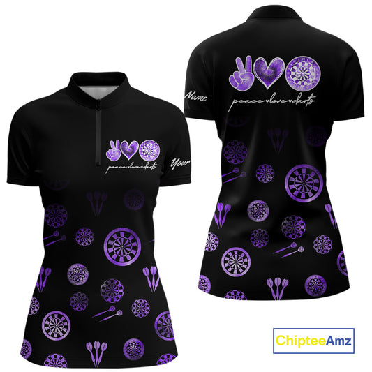 Personalized Purple and Black Camo Darts Shirts For Women Custom Peace Love Darts Team Jerseys NQS10543