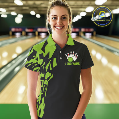 Black And Green Camo Custom Bowling Shirts For Women, Bowling Team Shirts NQS10753