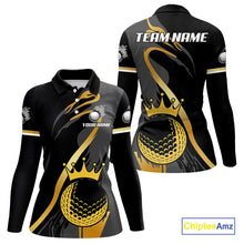 Load image into Gallery viewer, Black and Gold Crown Golf ball Women's golf polo shirts custom team golf tops for ladies NQS10757