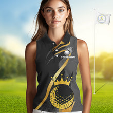 Load image into Gallery viewer, Black and Gold Crown Golf ball Women&#39;s Sleeveless golf polo shirts custom team golf tops for ladies NQS10757
