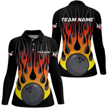 Load image into Gallery viewer, Orange flame Black Bowling Shirts For Women Custom Bowling Team Jerseys with name and team name NQS8812