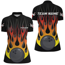 Load image into Gallery viewer, Orange flame Black Bowling Shirts For Women Custom Bowling Team Jerseys with name and team name NQS8812