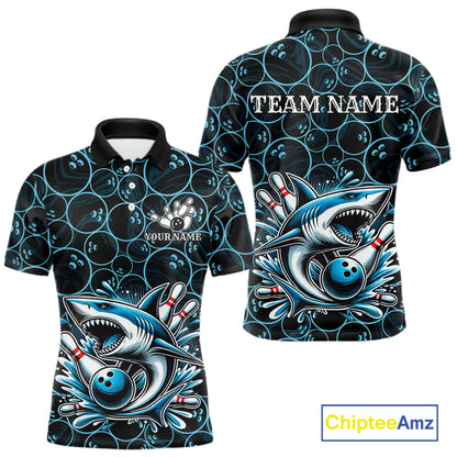 Black and Blue Camo Shark Bowling Polo, Quarter Zip Shirt For Men Custom Team Shark Bowling jerseys NQS11338