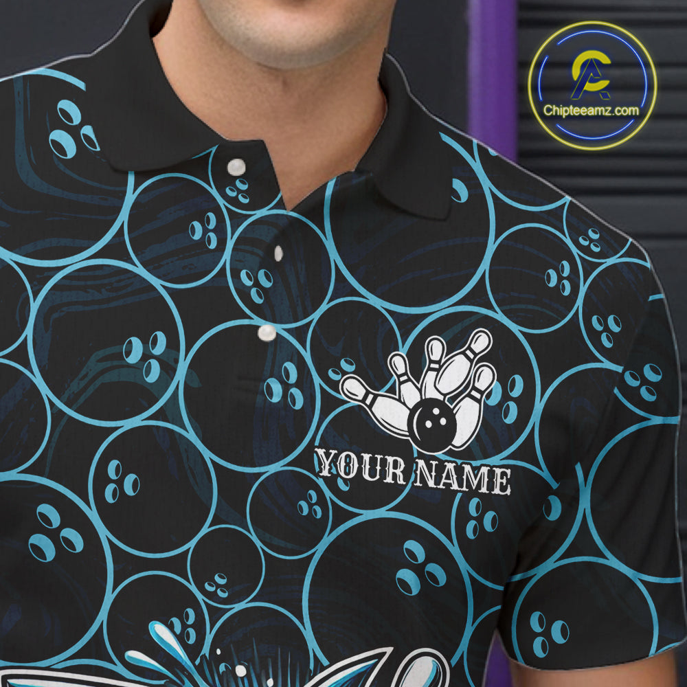 Black and Blue Camo Shark Bowling Polo, Quarter Zip Shirt For Men Custom Team Shark Bowling jerseys NQS11338