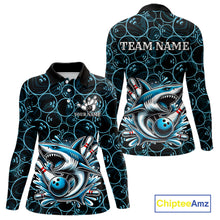 Load image into Gallery viewer, Black and Blue Camo Shark Bowling Polo, Quarter Zip Shirt For Women Custom Team Shark Bowling jerseys NQS11338