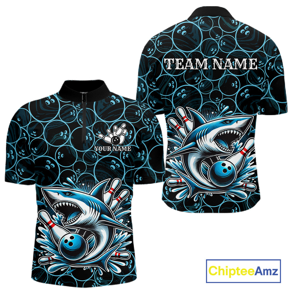 Black and Blue Camo Shark Bowling Polo, Quarter Zip Shirt For Men Custom Team Shark Bowling jerseys NQS11338