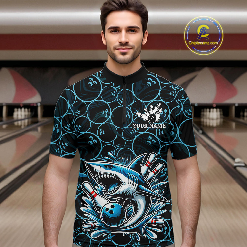 Black and Blue Camo Shark Bowling Polo, Quarter Zip Shirt For Men Custom Team Shark Bowling jerseys NQS11338