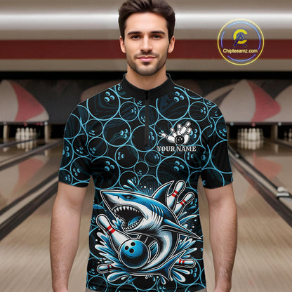 Black and Blue Camo Shark Bowling Polo, Quarter Zip Shirt For Men Custom Team Shark Bowling jerseys NQS11338