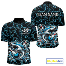 Load image into Gallery viewer, Black and Blue Camo Shark Bowling Polo, Quarter Zip Shirt For Men Custom Team Shark Bowling jerseys NQS11338