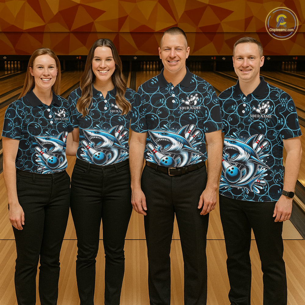Black and Blue Camo Shark Bowling Polo, Quarter Zip Shirt For Men Custom Team Shark Bowling jerseys NQS11338