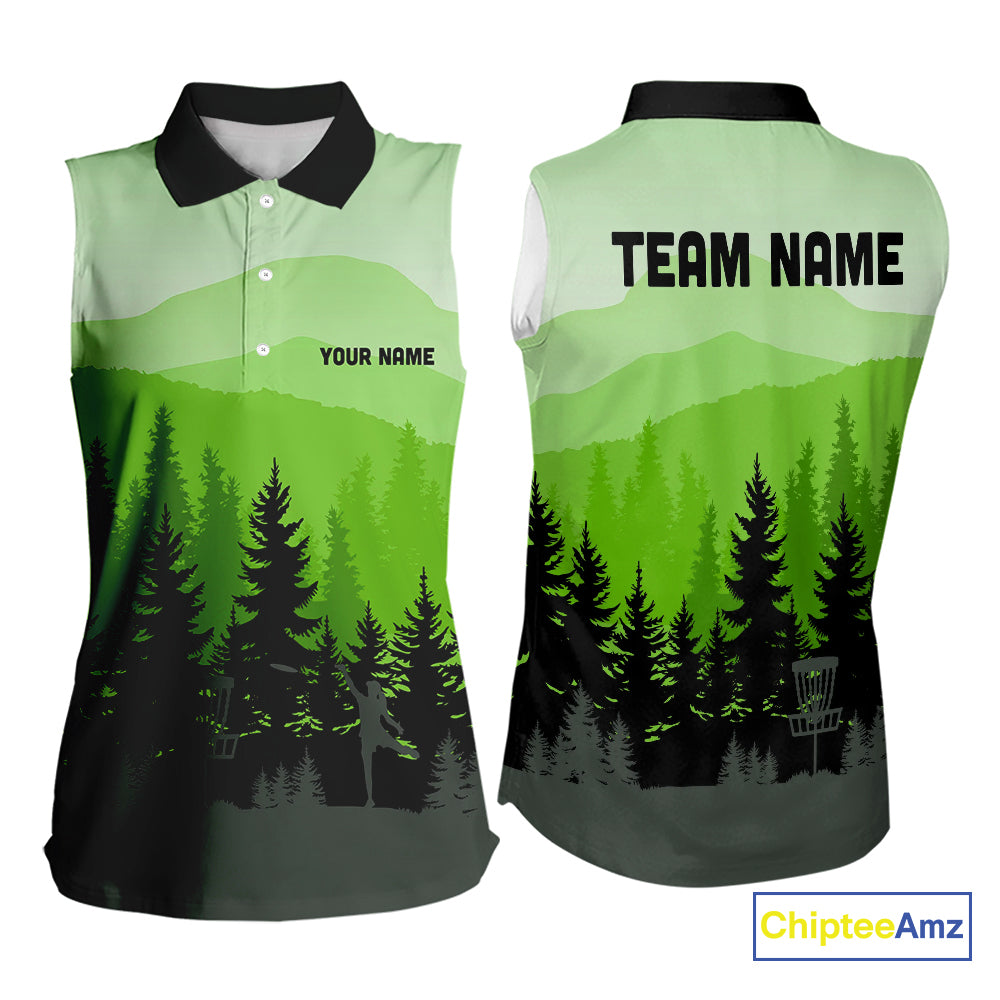 Green pattern forest Womens sleeveless polo shirt Custom team disc golf jerseys for ladies NQS10027