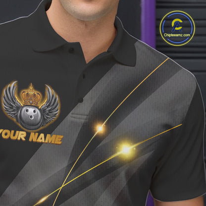 Black and Gold Crown Bowling ball wings Bowling Shirts For Men Custom Bowling Team Outfits NQS10549